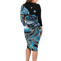 Maori Matariki - Manaia Long Sleeve Bodycon Dress Galaxy Blue Paua Shell LT7 - Polynesian Pride