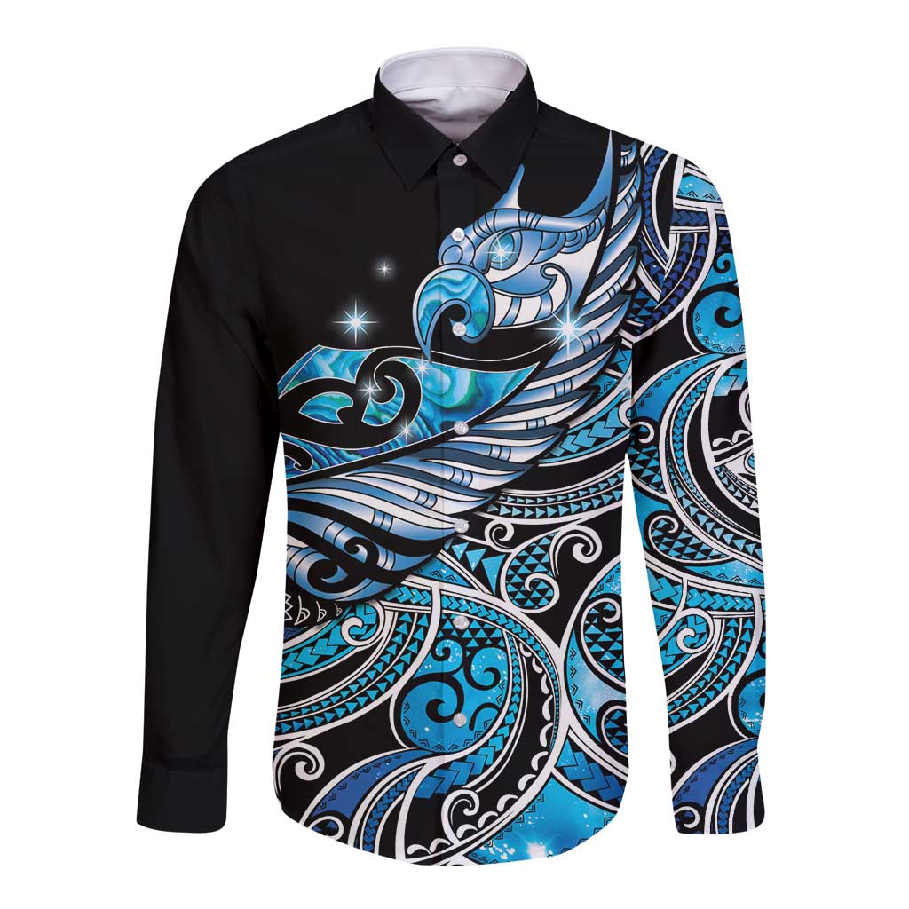 Maori Matariki - Manaia Long Sleeve Button Shirt Galaxy Blue Paua Shell LT7 Unisex Blue - Polynesian Pride