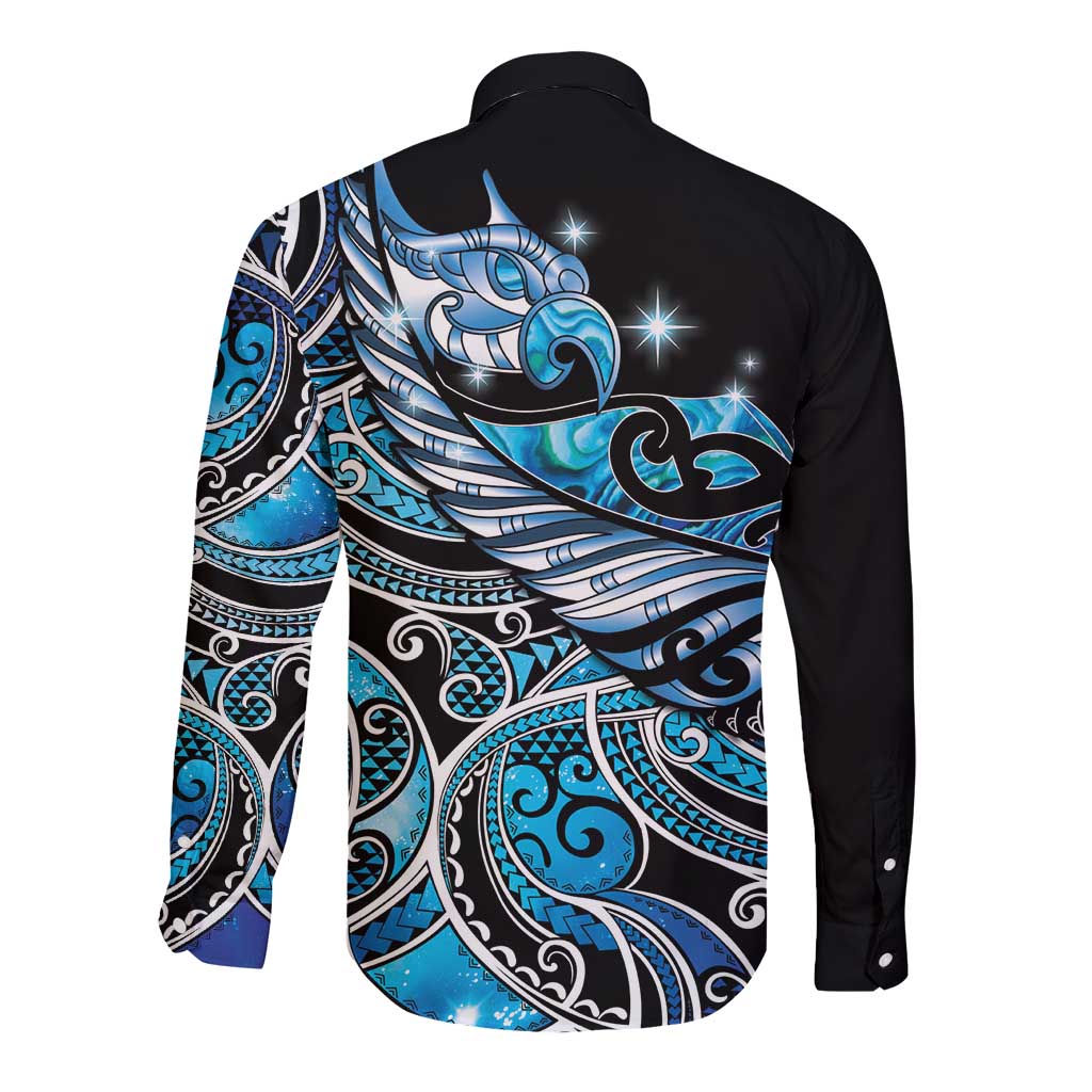 Maori Matariki - Manaia Long Sleeve Button Shirt Galaxy Blue Paua Shell LT7 - Polynesian Pride