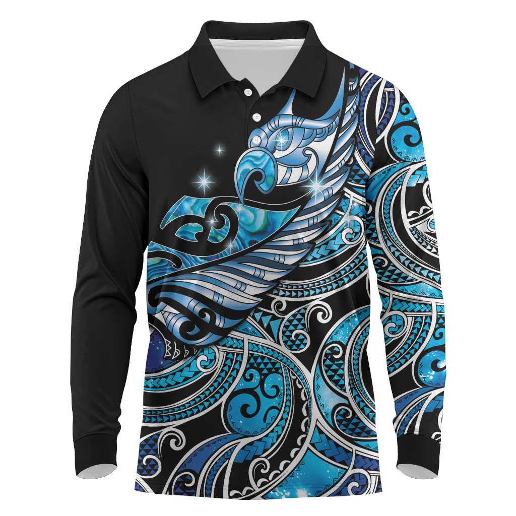 Maori Matariki - Manaia Long Sleeve Polo Shirt Galaxy Blue Paua Shell LT7 Blue - Polynesian Pride