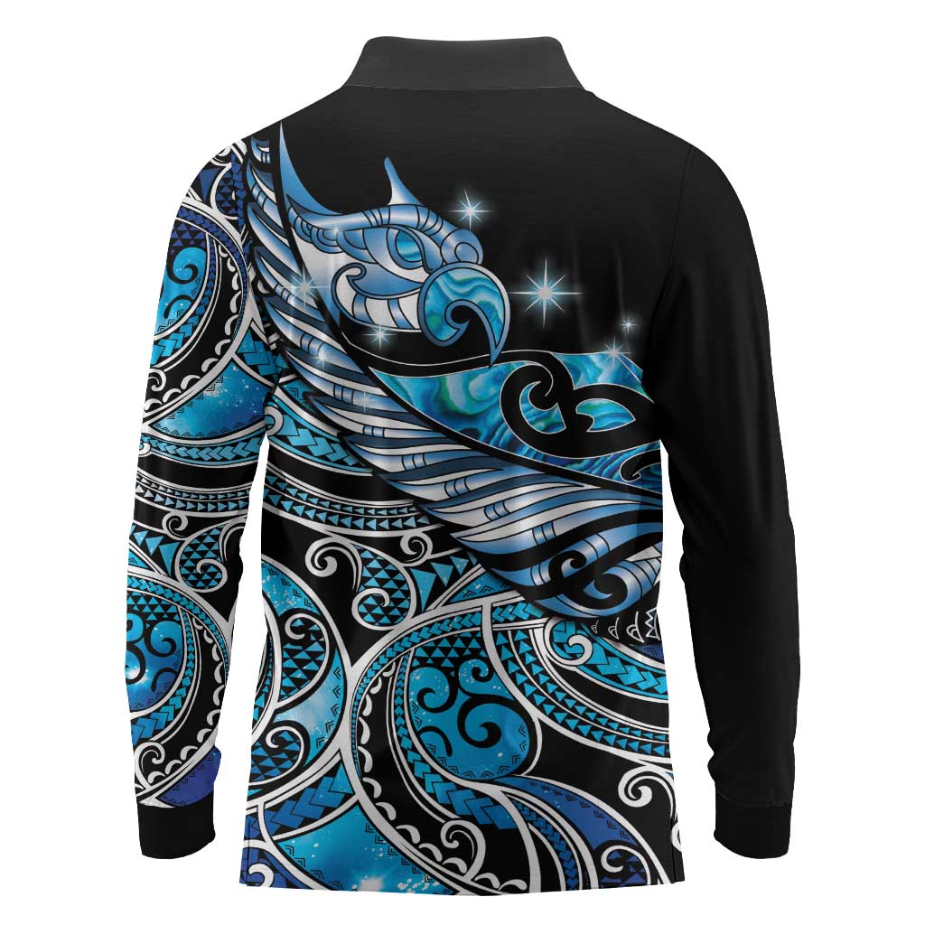 Maori Matariki - Manaia Long Sleeve Polo Shirt Galaxy Blue Paua Shell LT7 - Polynesian Pride