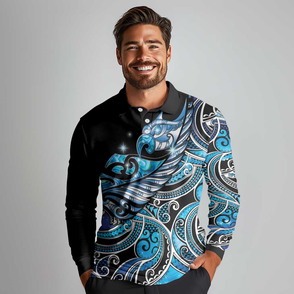 Maori Matariki - Manaia Long Sleeve Polo Shirt Galaxy Blue Paua Shell LT7 - Polynesian Pride