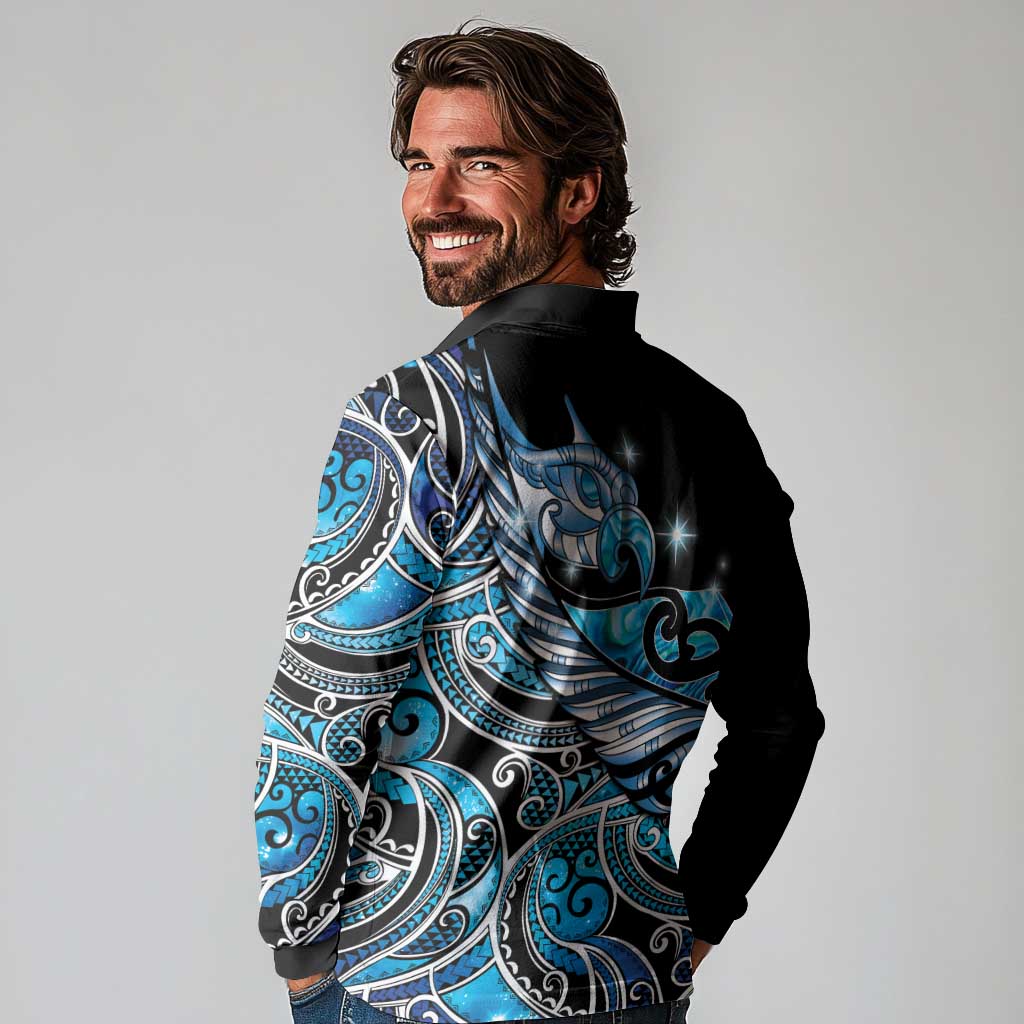 Maori Matariki - Manaia Long Sleeve Polo Shirt Galaxy Blue Paua Shell LT7 - Polynesian Pride