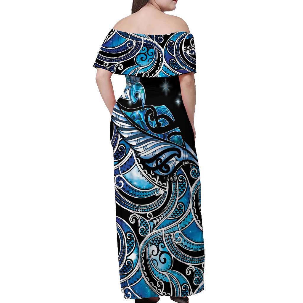 Maori Matariki - Manaia Off Shoulder Maxi Dress Galaxy Blue Paua Shell LT7 - Polynesian Pride