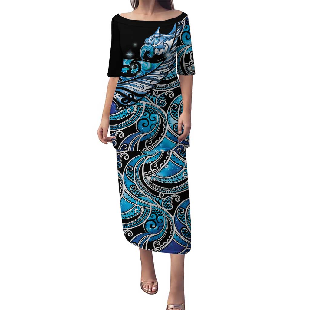 Maori Matariki - Manaia Puletasi Galaxy Blue Paua Shell LT7 Long Dress Blue - Polynesian Pride