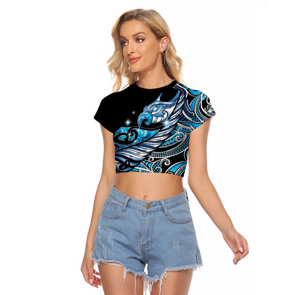 Maori Matariki - Manaia Raglan Cropped T Shirt Galaxy Blue Paua Shell LT7 Female Blue - Polynesian Pride