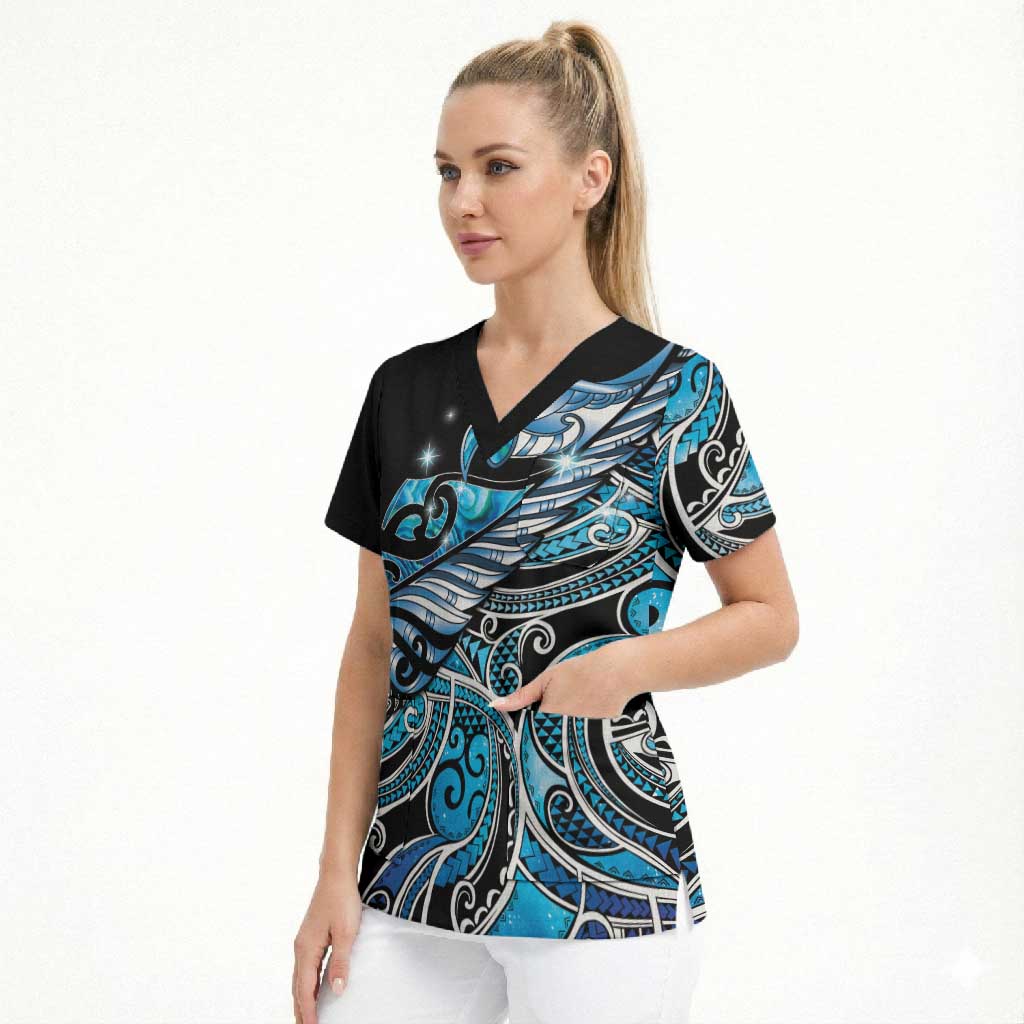 Maori Matariki - Manaia Scrub Top Galaxy Blue Paua Shell LT7 - Polynesian Pride
