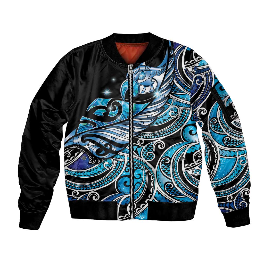 Maori Matariki - Manaia Sleeve Zip Bomber Jacket Galaxy Blue Paua Shell LT7 Unisex Blue - Polynesian Pride