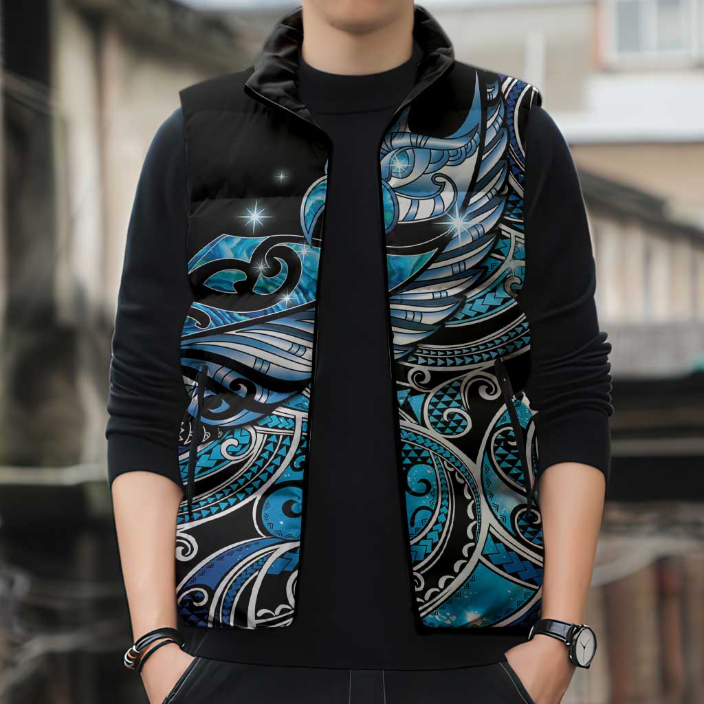 Maori Matariki - Manaia Sleeveless Puffer Jacket Galaxy Blue Paua Shell LT7 - Polynesian Pride