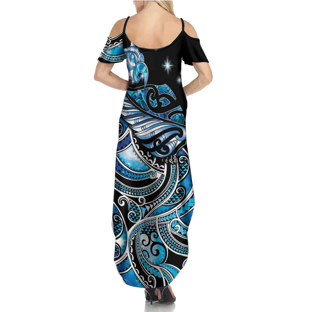 Maori Matariki - Manaia Summer Maxi Dress Galaxy Blue Paua Shell LT7 - Polynesian Pride