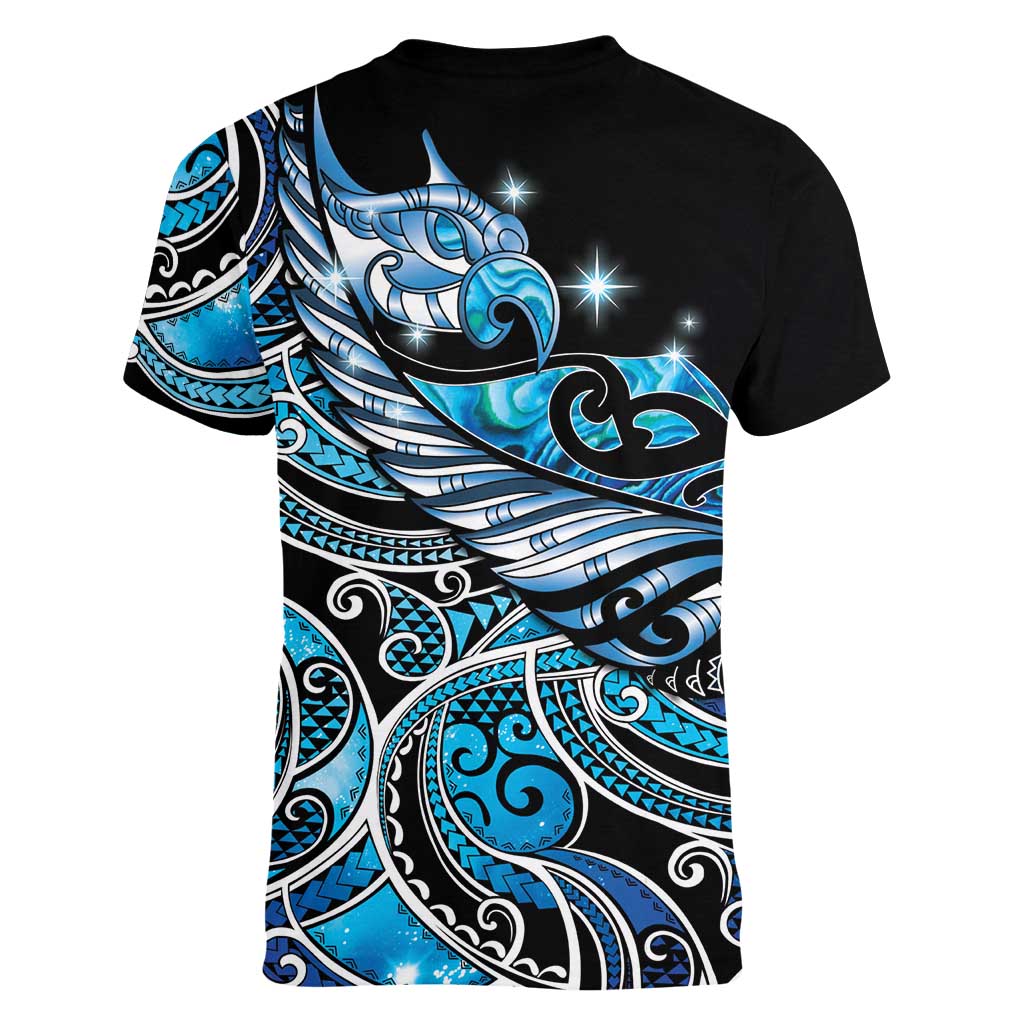 Maori Matariki - Manaia Women V-Neck T-Shirt Galaxy Blue Paua Shell LT7 - Polynesian Pride