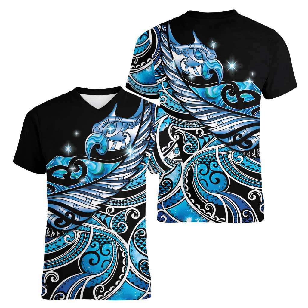 Maori Matariki - Manaia Women V-Neck T-Shirt Galaxy Blue Paua Shell LT7 - Polynesian Pride
