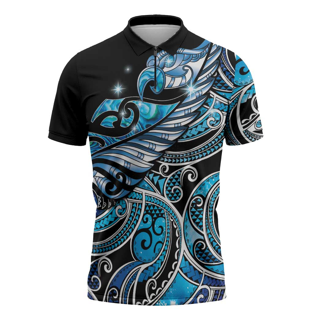 Maori Matariki - Manaia Zipper Polo Shirt Galaxy Blue Paua Shell LT7 Blue - Polynesian Pride