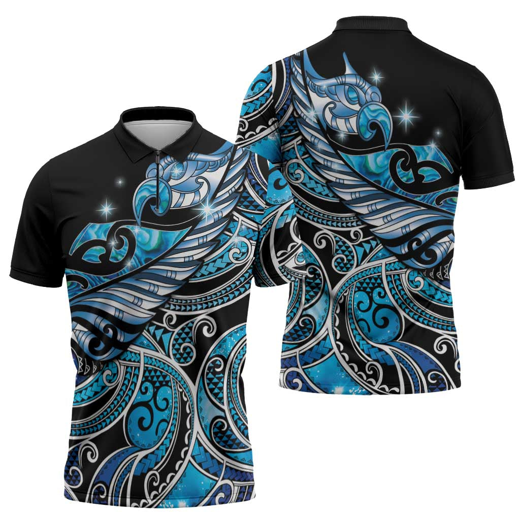 Maori Matariki - Manaia Zipper Polo Shirt Galaxy Blue Paua Shell LT7 - Polynesian Pride