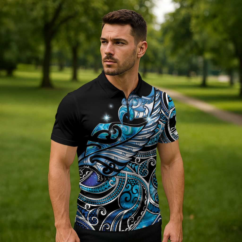 Maori Matariki - Manaia Zipper Polo Shirt Galaxy Blue Paua Shell LT7 - Polynesian Pride