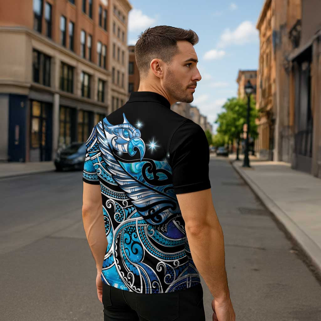 Maori Matariki - Manaia Zipper Polo Shirt Galaxy Blue Paua Shell LT7 - Polynesian Pride
