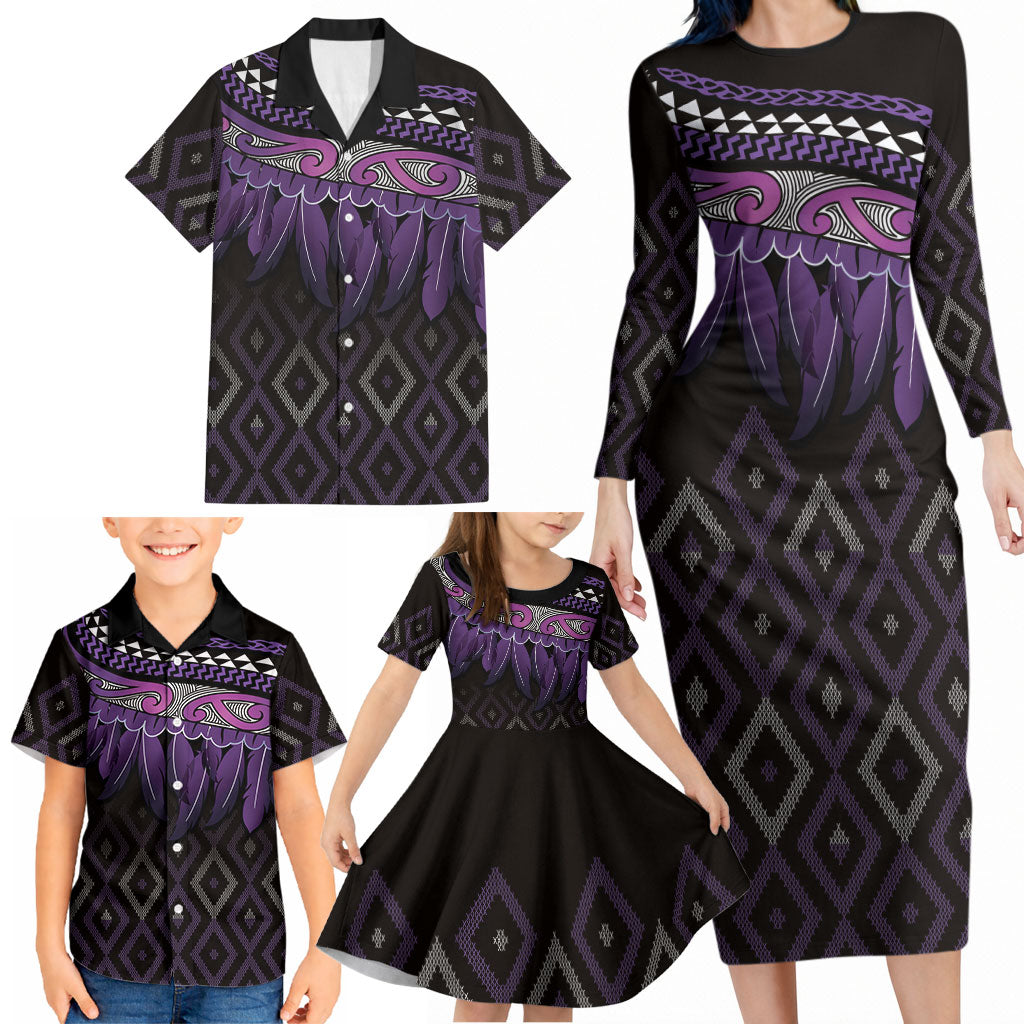 Aotearoa Maori Ngati Porou Iwi Family Matching Long Sleeve Bodycon Dress and Hawaiian Shirt Korowai Tukutuku Kaokao Motifs