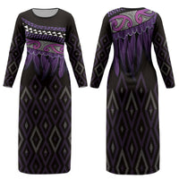 Aotearoa Maori Ngati Porou Iwi Family Matching Long Sleeve Bodycon Dress and Hawaiian Shirt Korowai Tukutuku Kaokao Motifs