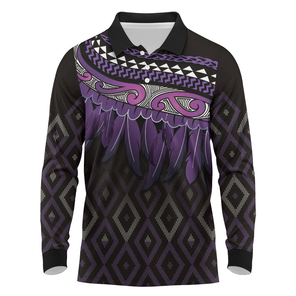 Aotearoa Maori Ngati Porou Iwi Long Sleeve Polo Shirt Korowai Tukutuku Kaokao Motifs LT7 Purple - Polynesian Pride