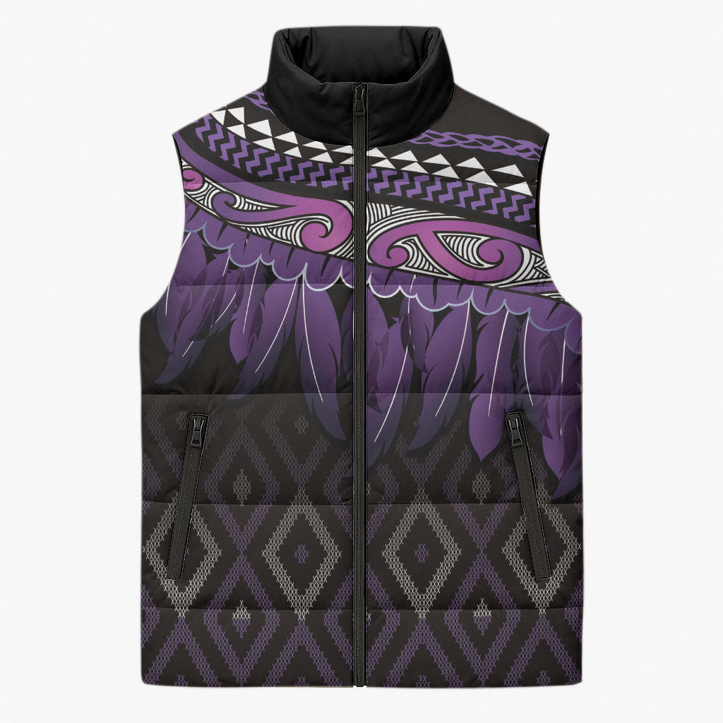 Aotearoa Maori Ngati Porou Iwi Sleeveless Puffer Jacket Korowai Tukutuku Kaokao Motifs LT7 Unisex Purple - Polynesian Pride