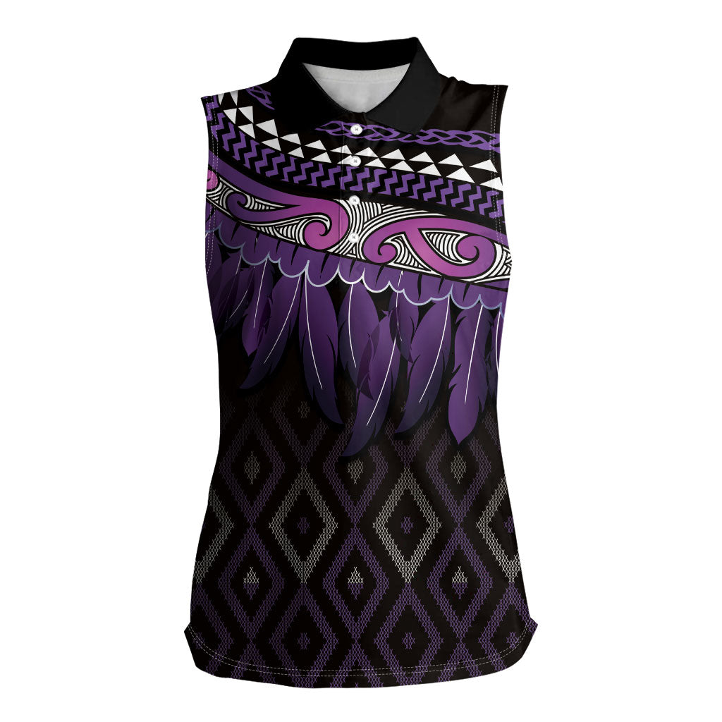 Aotearoa Maori Ngati Porou Iwi Women Sleeveless Polo Shirt Korowai Tukutuku Kaokao Motifs LT7 Female Purple - Polynesian Pride