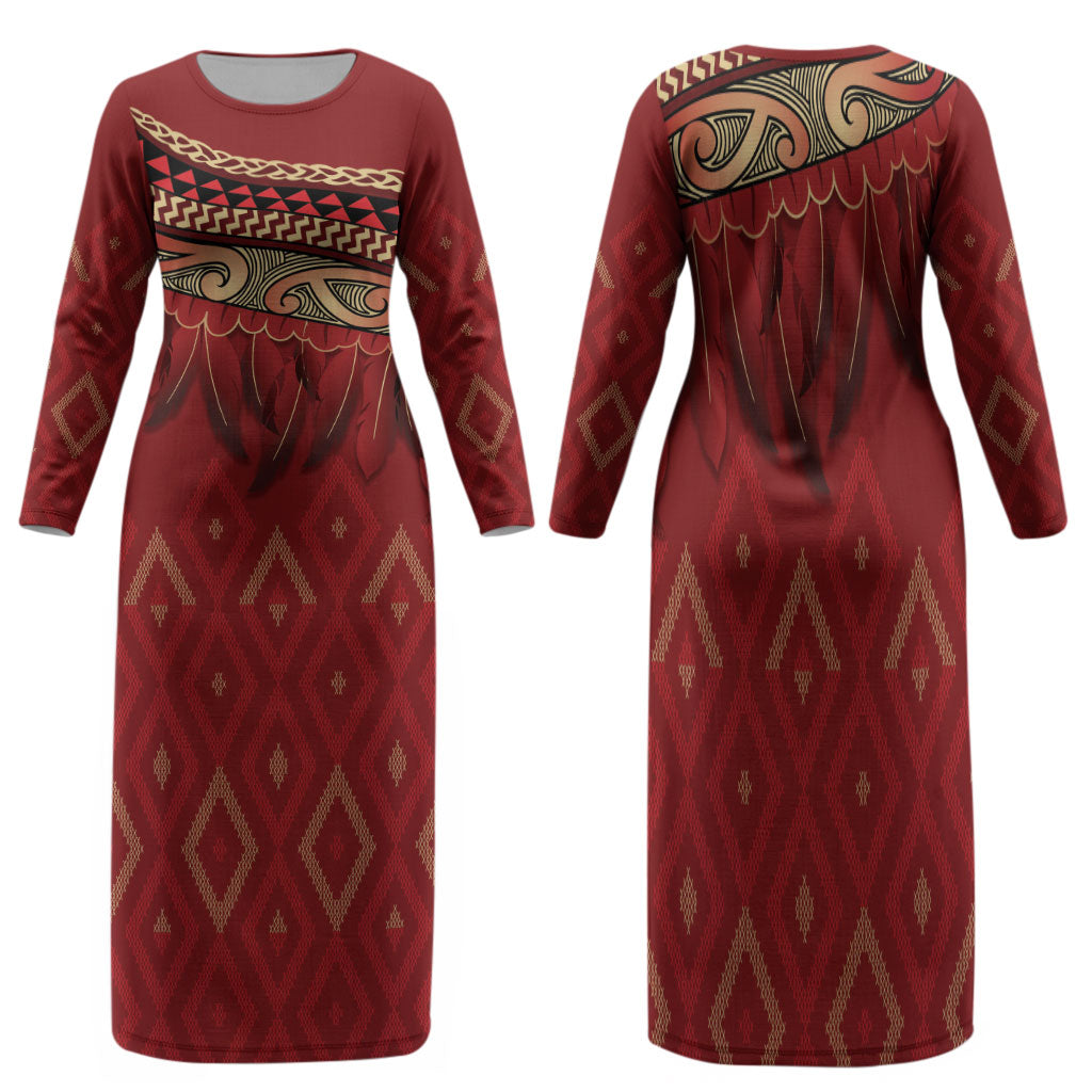 Aotearoa Maori Waikato Tainui Iwi Family Matching Long Sleeve Bodycon Dress and Hawaiian Shirt Korowai Tukutuku Kaokao Motifs