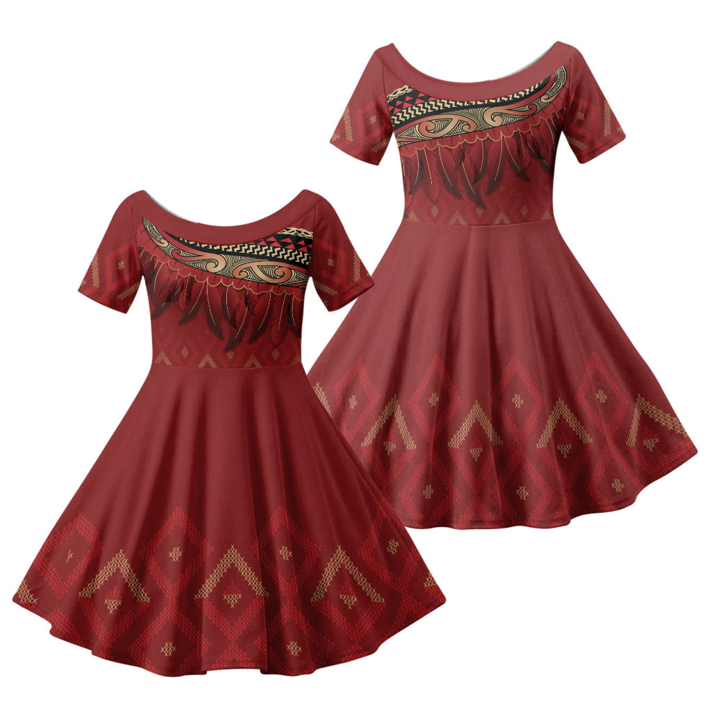Aotearoa Maori Waikato Tainui Iwi Family Matching Off The Shoulder Long Sleeve Dress and Hawaiian Shirt Korowai Tukutuku Kaokao Motifs