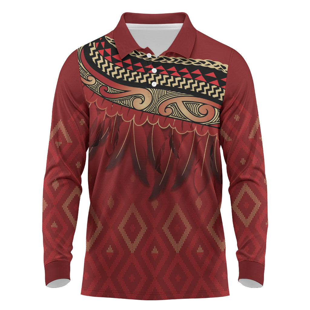 Aotearoa Maori Waikato Tainui Iwi Long Sleeve Polo Shirt Korowai Tukutuku Kaokao Motifs LT7 Red - Polynesian Pride