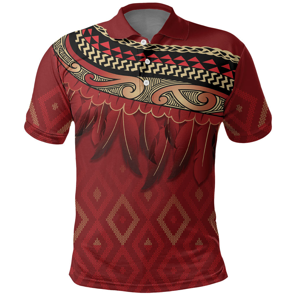 Aotearoa Maori Waikato Tainui Iwi Polo Shirt Korowai Tukutuku Kaokao Motifs LT7 Red - Polynesian Pride