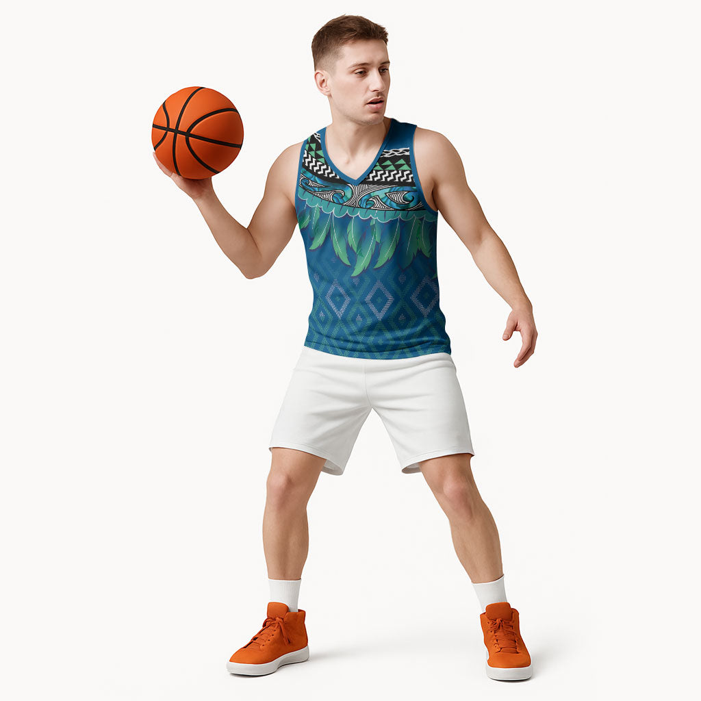 Aotearoa Maori Ngati Kahungunu Iwi Paua Blue Basketball Jersey Korowai Tukutuku Kaokao Motifs