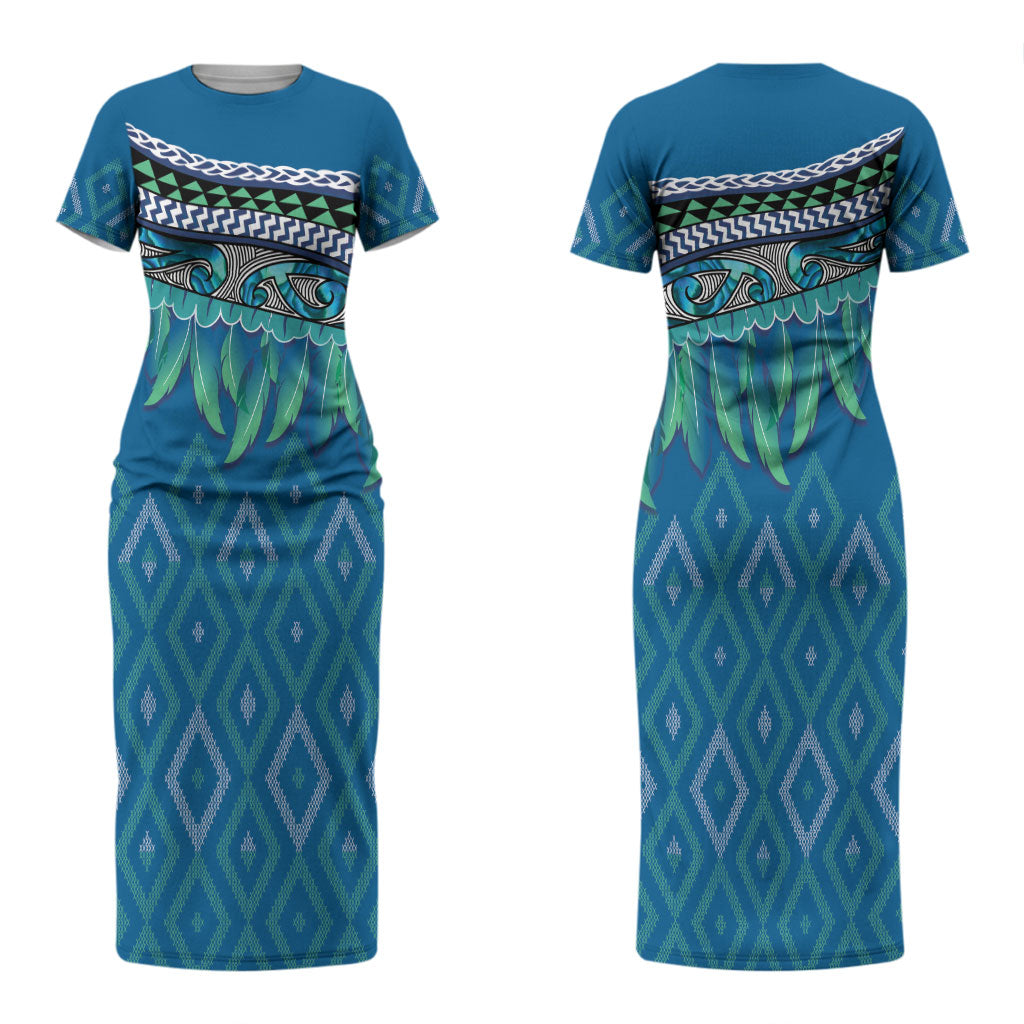 Aotearoa Maori Ngati Kahungunu Iwi Paua Blue Couples Matching Short Sleeve Bodycon Dress and Long Sleeve Button Shirt Korowai Tukutuku Kaokao Motifs