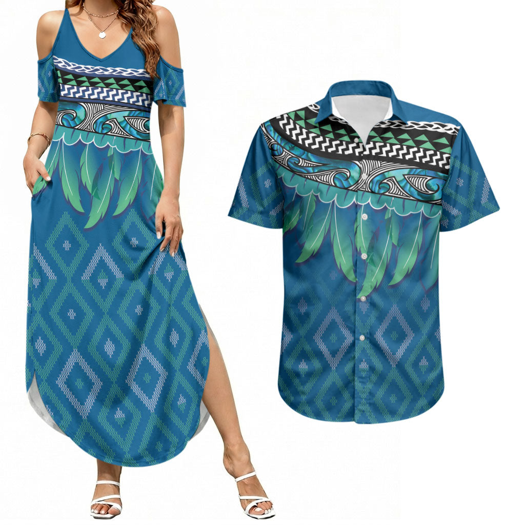 Aotearoa Maori Ngati Kahungunu Iwi Paua Blue Couples Matching Summer Maxi Dress and Hawaiian Shirt Korowai Tukutuku Kaokao Motifs