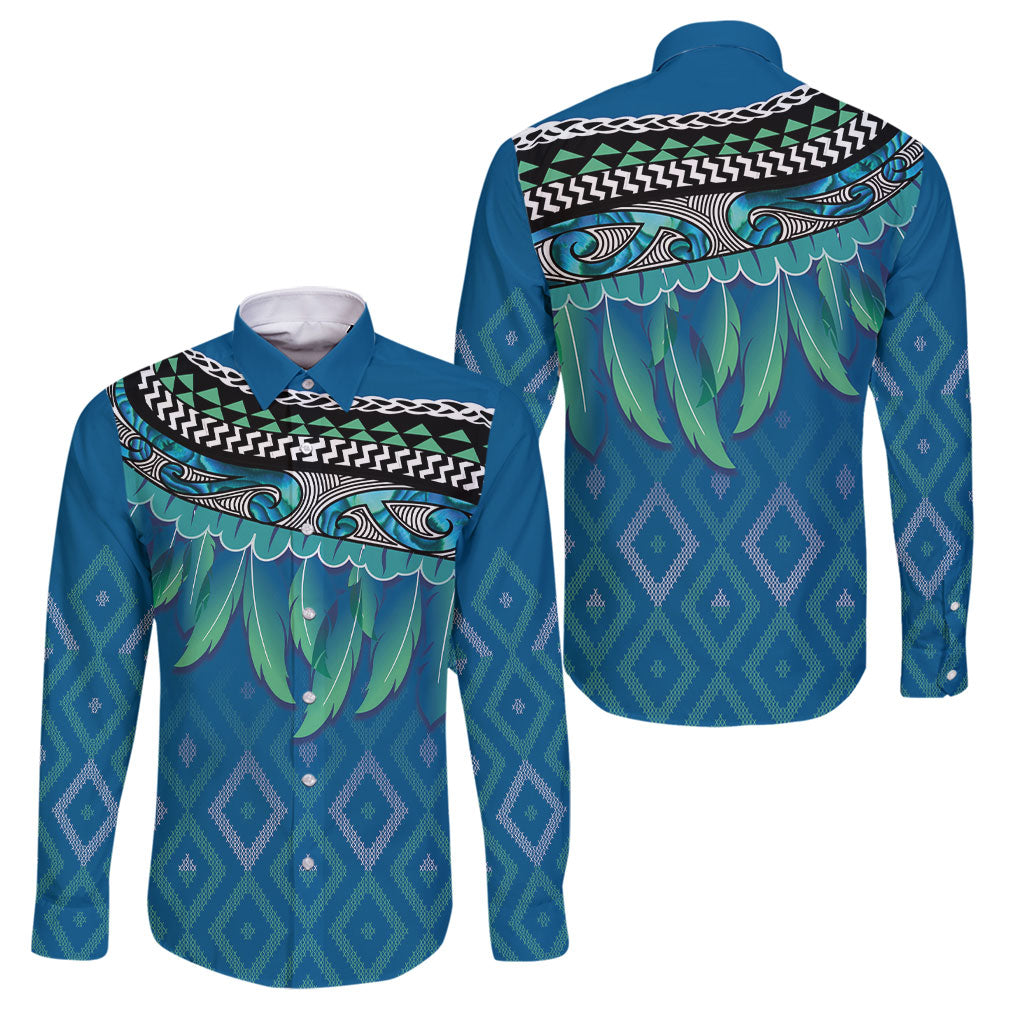 Aotearoa Maori Ngati Kahungunu Iwi Paua Blue Family Matching Long Sleeve Bodycon Dress and Hawaiian Shirt Korowai Tukutuku Kaokao Motifs