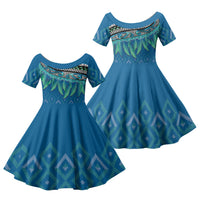 Aotearoa Maori Ngati Kahungunu Iwi Paua Blue Family Matching Off Shoulder Maxi Dress and Hawaiian Shirt Korowai Tukutuku Kaokao Motifs