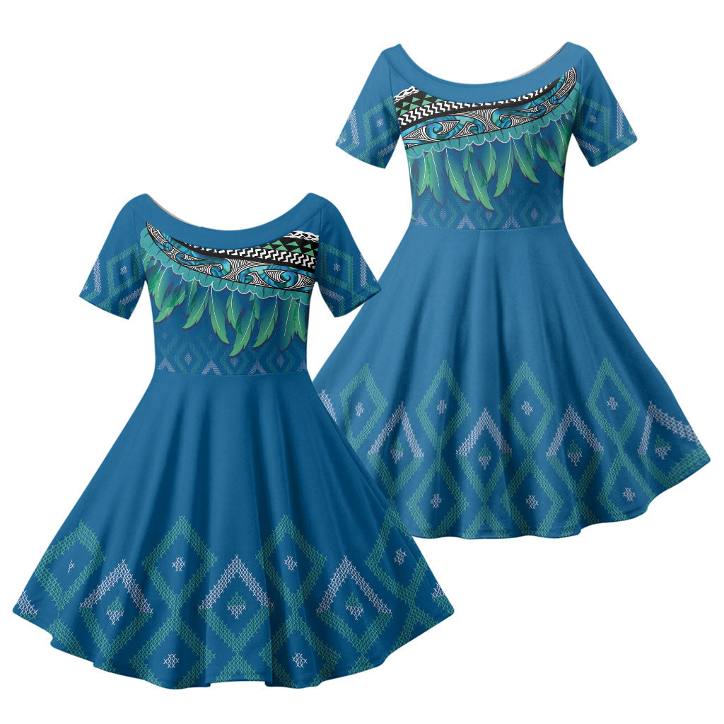 Aotearoa Maori Ngati Kahungunu Iwi Paua Blue Family Matching Tank Maxi Dress and Hawaiian Shirt Korowai Tukutuku Kaokao Motifs