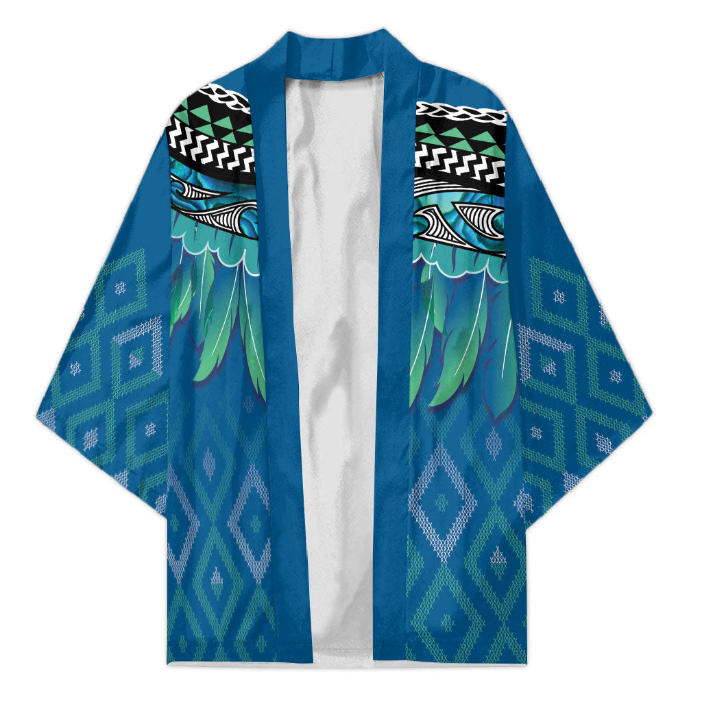 Aotearoa Maori Ngati Kahungunu Iwi Paua Blue Kimono Korowai Tukutuku Kaokao Motifs