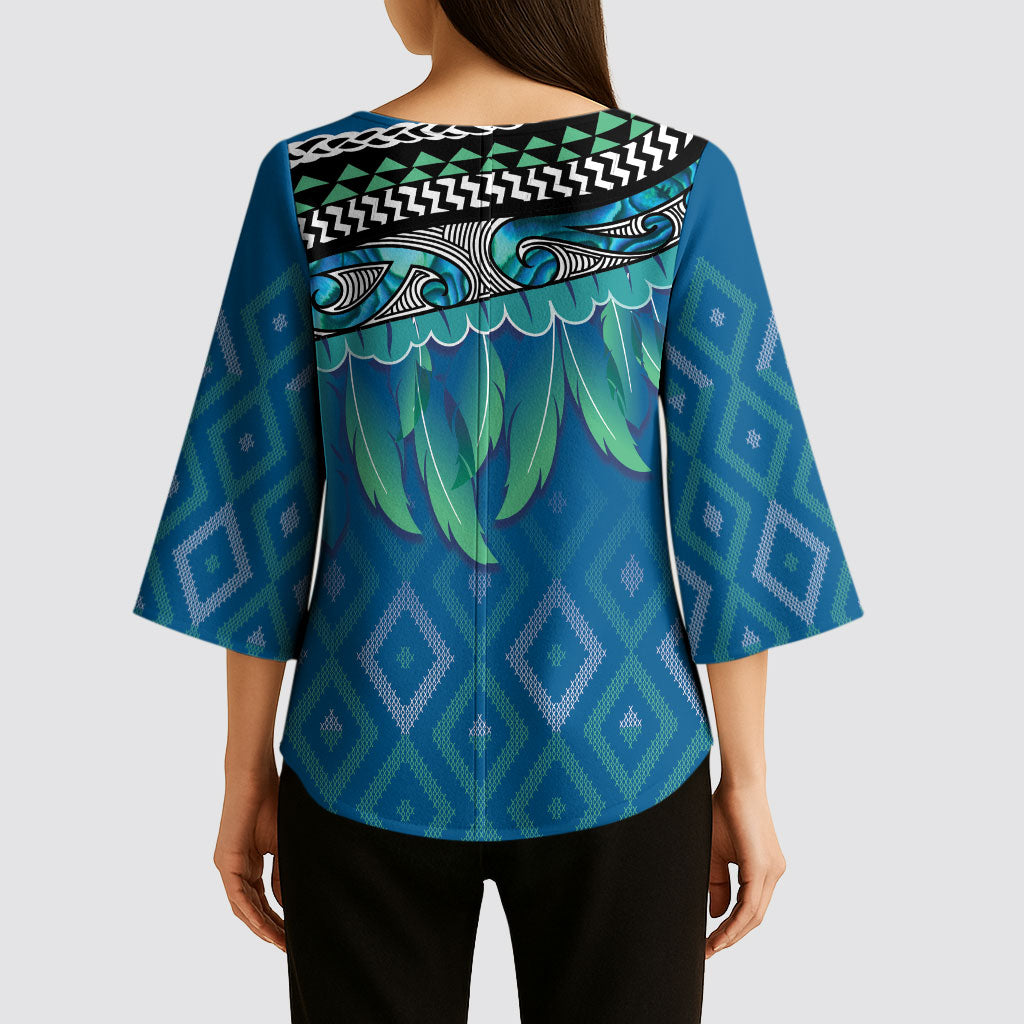 Aotearoa Maori Ngati Kahungunu Iwi Paua Blue Kimono Sleeve Blouse Korowai Tukutuku Kaokao Motifs