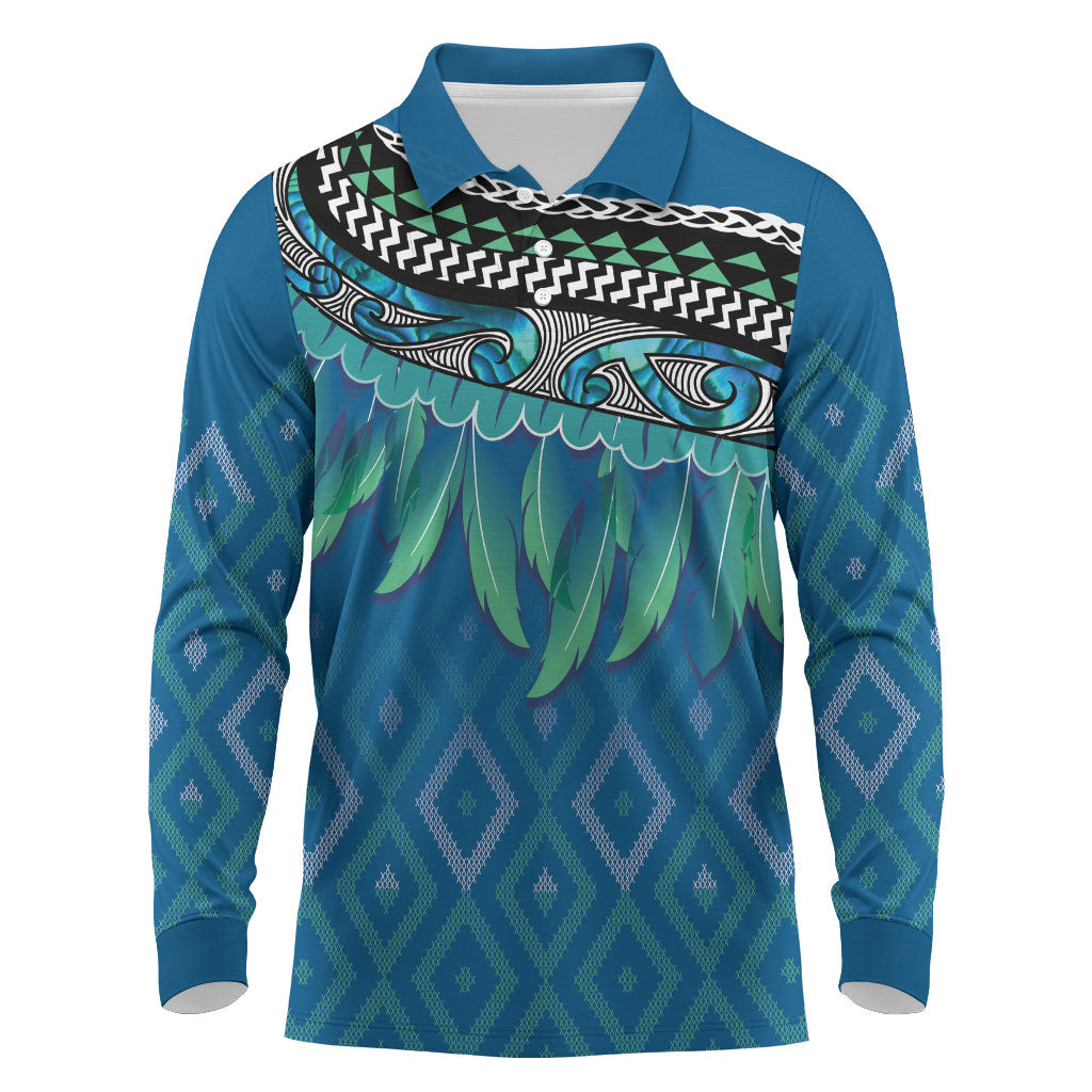 Aotearoa Maori Ngati Kahungunu Iwi Paua Blue Long Sleeve Polo Shirt Korowai Tukutuku Kaokao Motifs LT7 Green Blue - Polynesian Pride