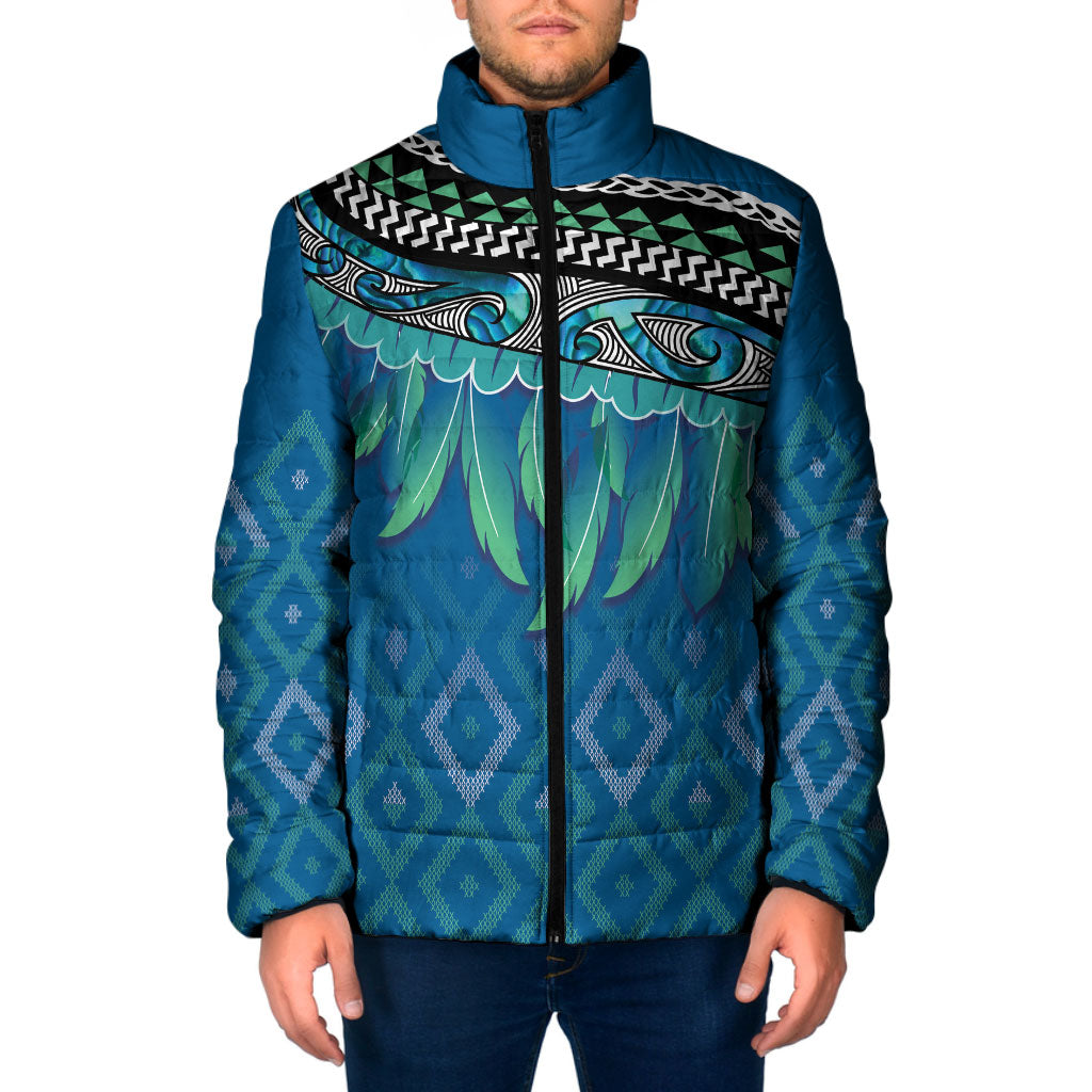 Aotearoa Maori Ngati Kahungunu Iwi Paua Blue Padded Jacket Korowai Tukutuku Kaokao Motifs