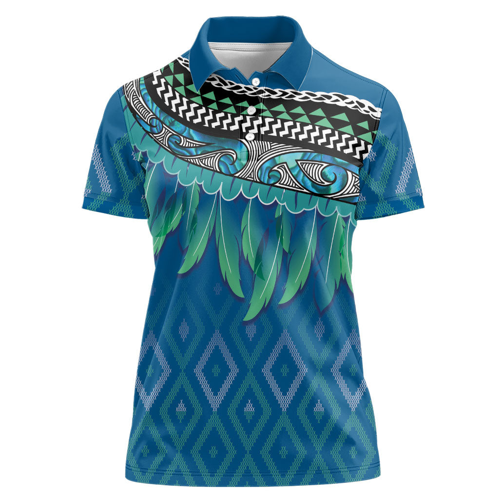 Aotearoa Maori Ngati Kahungunu Iwi Paua Blue Women Polo Shirt Korowai Tukutuku Kaokao Motifs LT7 Female Green Blue - Polynesian Pride