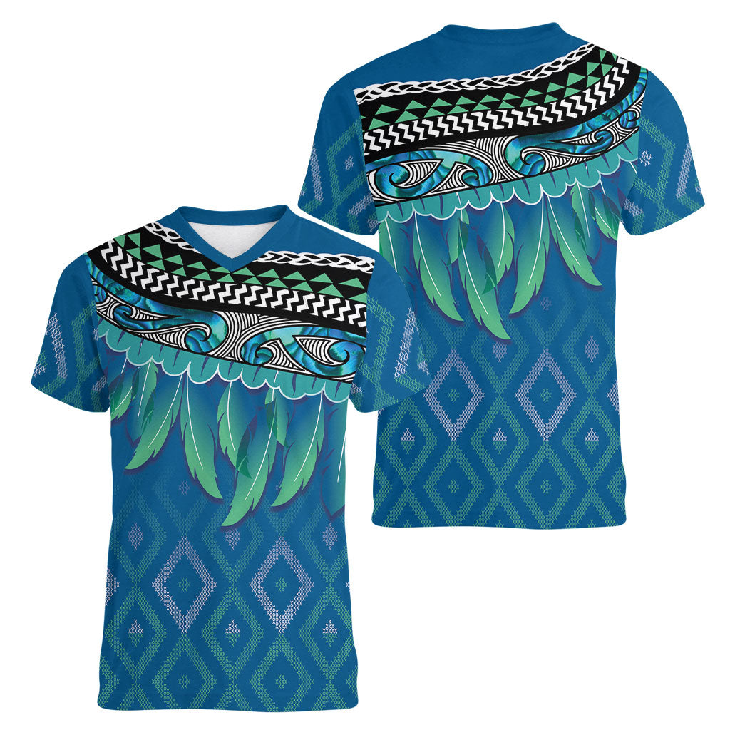 Aotearoa Maori Ngati Kahungunu Iwi Paua Blue Women V-Neck T-Shirt Korowai Tukutuku Kaokao Motifs