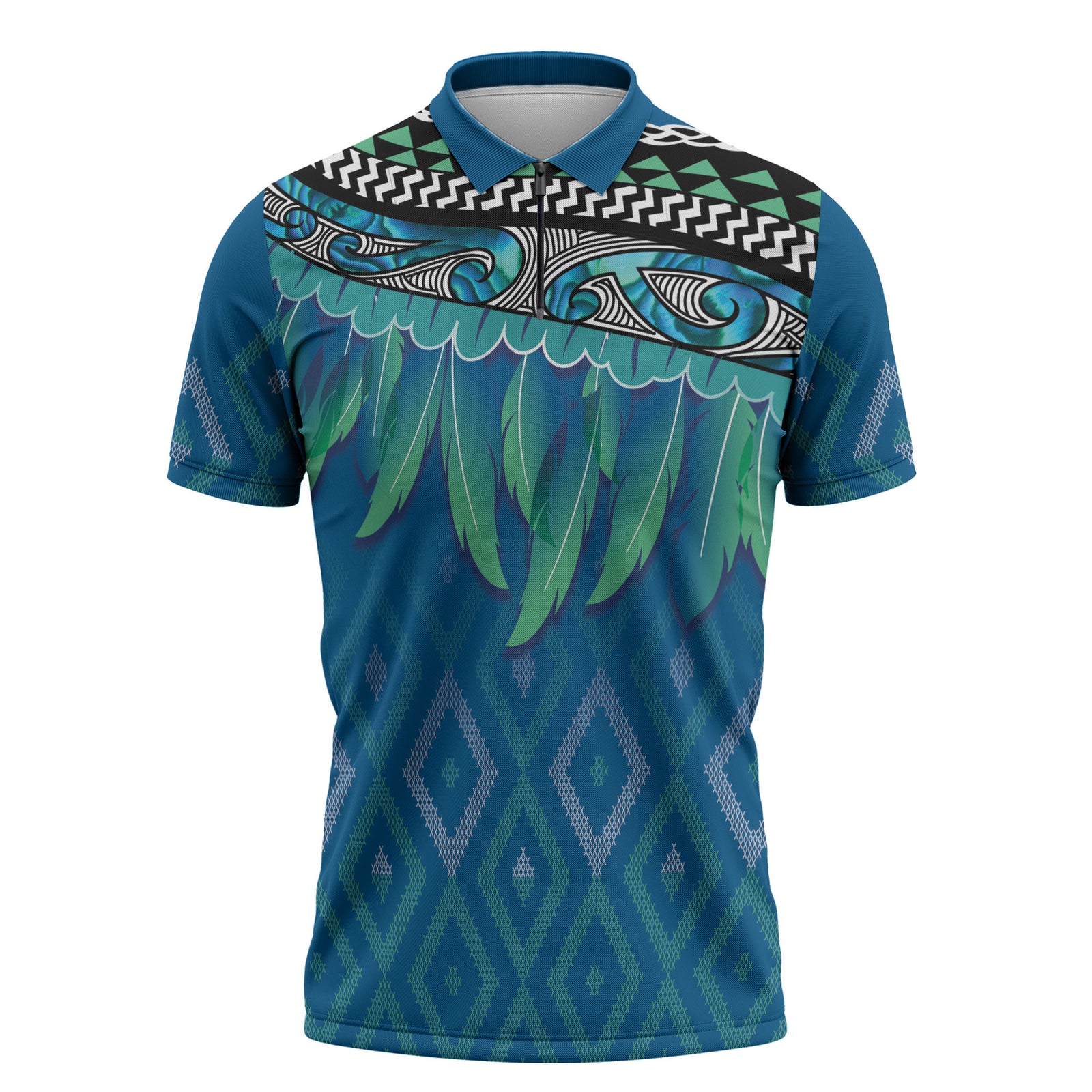 Aotearoa Maori Ngati Kahungunu Iwi Paua Blue Zipper Polo Shirt Korowai Tukutuku Kaokao Motifs LT7 Green Blue - Polynesian Pride