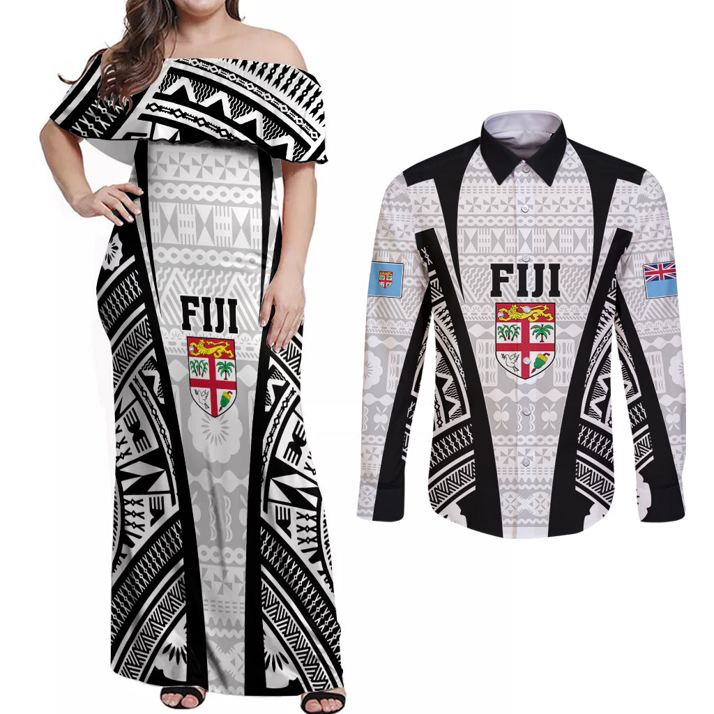 personalised-fiji-rugby-couples-matching-off-shoulder-maxi-dress-and-long-sleeve-button-shirts-2023-world-cup-history-makers-white-ver