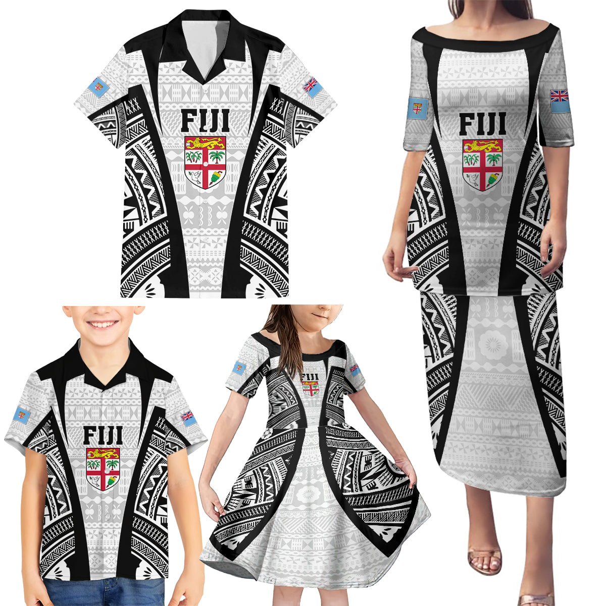 Personalised Fiji Rugby Family Matching Puletasi Dress and Hawaiian Shirt 2023 World Cup History Makers - White Ver LT7 - Polynesian Pride