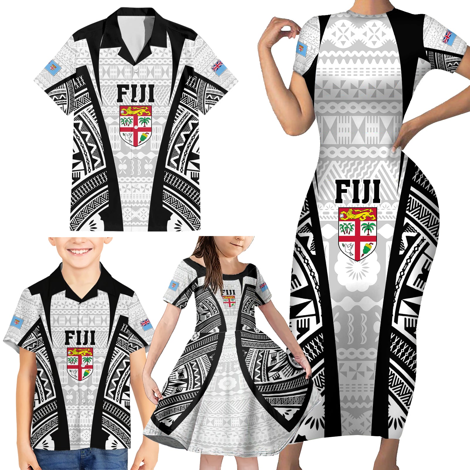 personalised-fiji-rugby-family-matching-short-sleeve-bodycon-dress-and-hawaiian-shirt-2023-world-cup-history-makers-white-ver