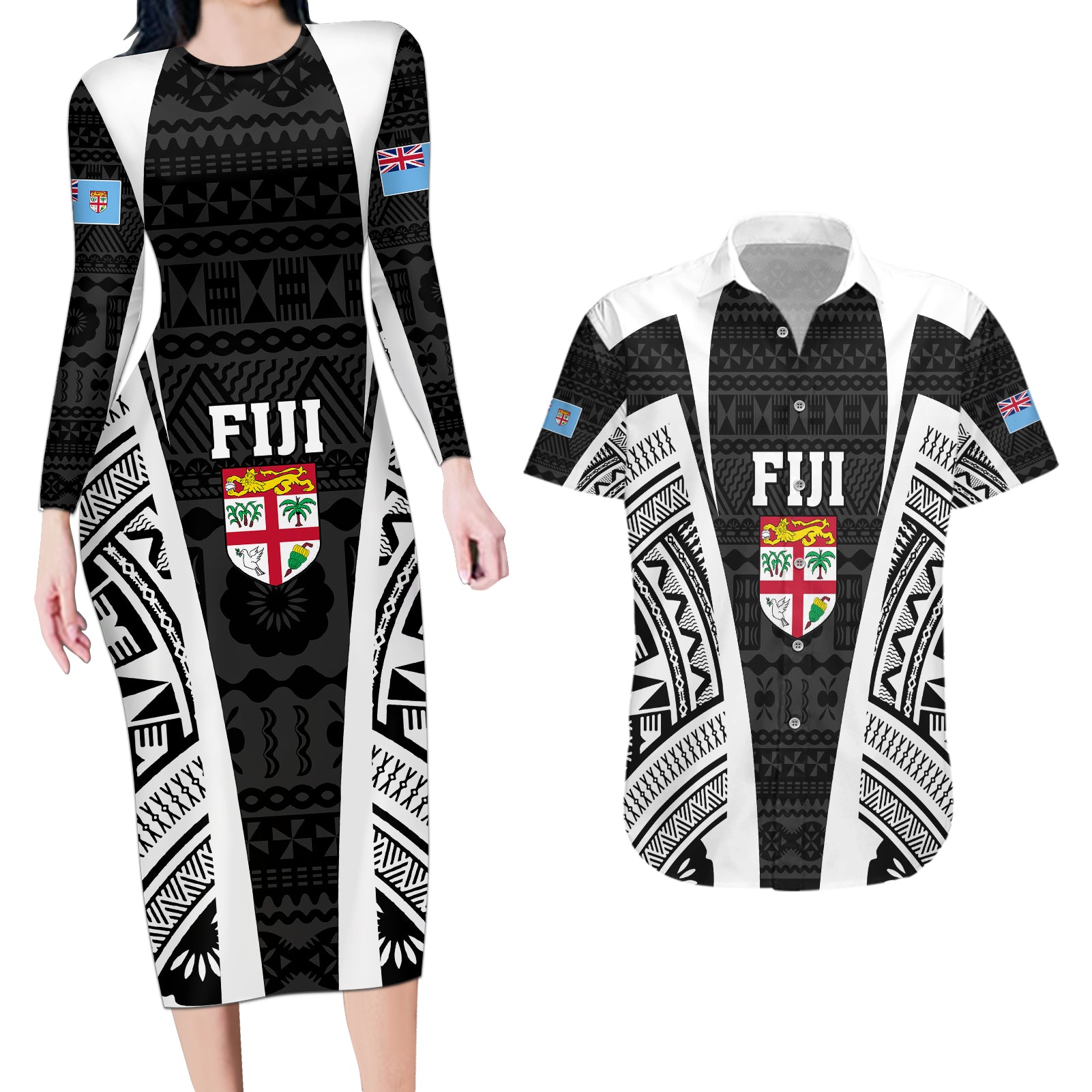 personalised-fiji-rugby-couples-matching-long-sleeve-bodycon-dress-and-hawaiian-shirt-2023-world-cup-history-makers-black-ver