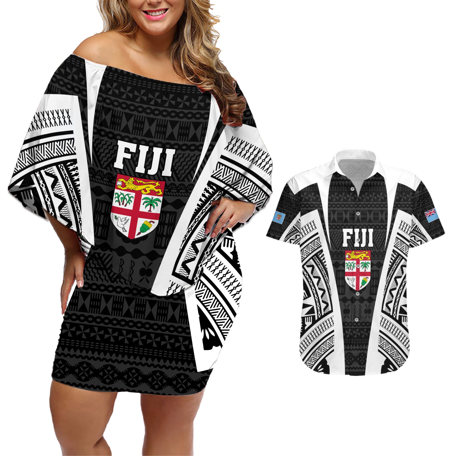 personalised-fiji-rugby-couples-matching-off-shoulder-short-dress-and-hawaiian-shirt-2023-world-cup-history-makers-black-ver