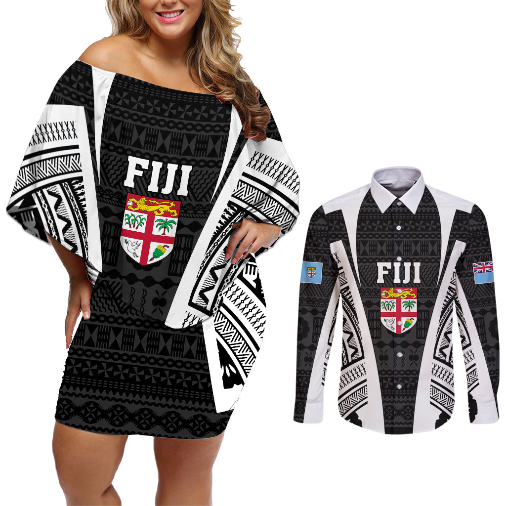 personalised-fiji-rugby-couples-matching-off-shoulder-short-dress-and-long-sleeve-button-shirts-2023-world-cup-history-makers-black-ver