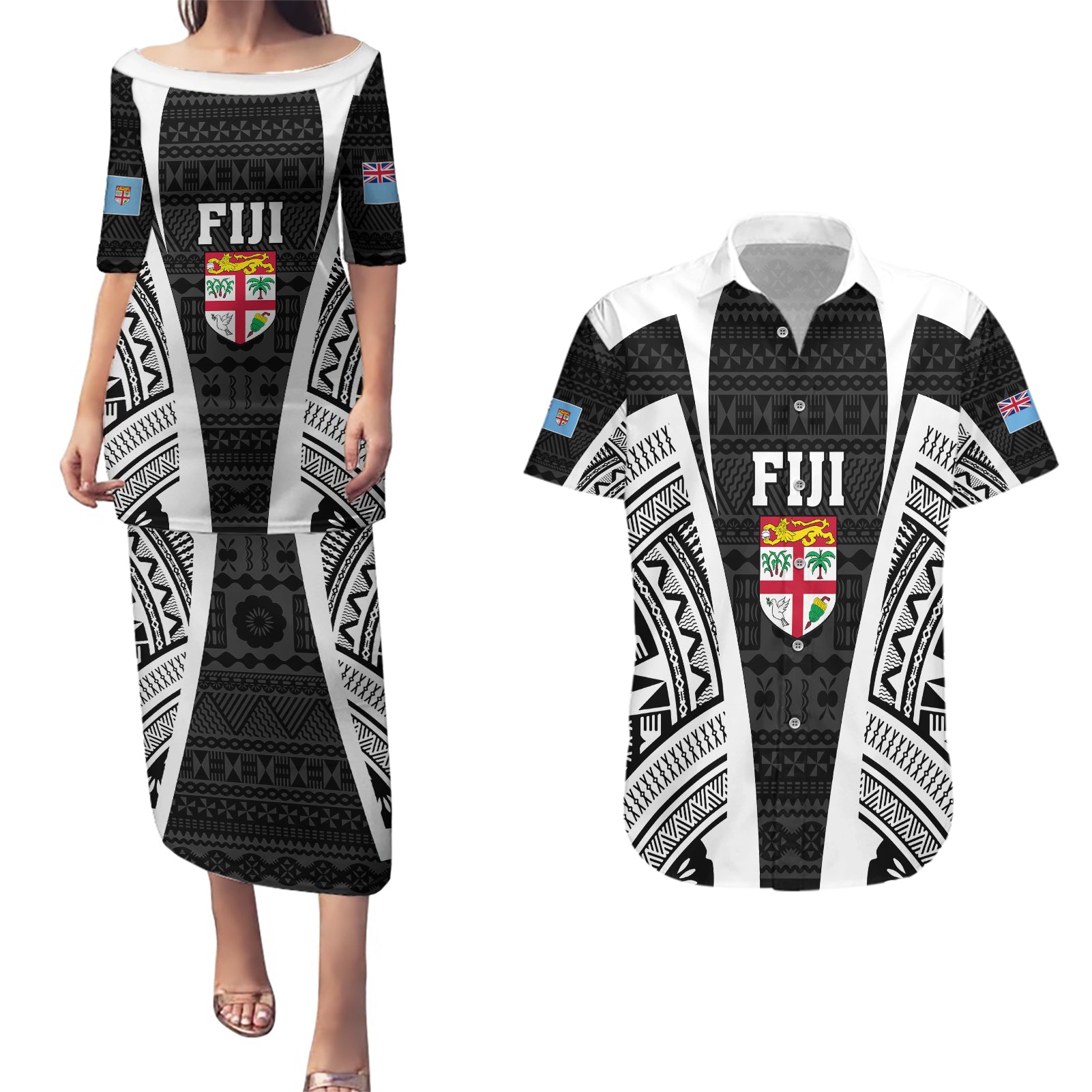 personalised-fiji-rugby-couples-matching-puletasi-dress-and-hawaiian-shirt-2023-world-cup-history-makers-black-ver