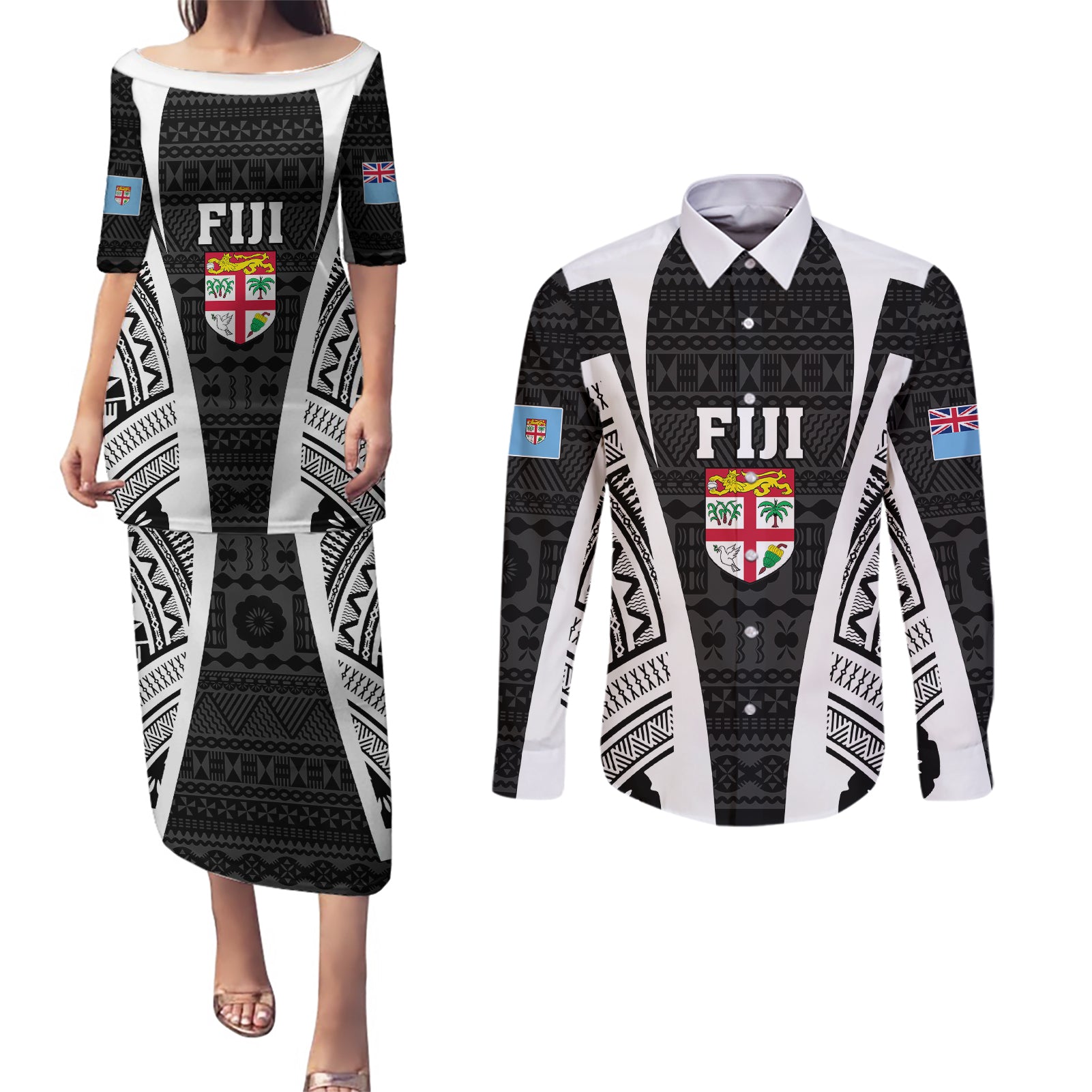 personalised-fiji-rugby-couples-matching-puletasi-dress-and-long-sleeve-button-shirts-2023-world-cup-history-makers-black-ver